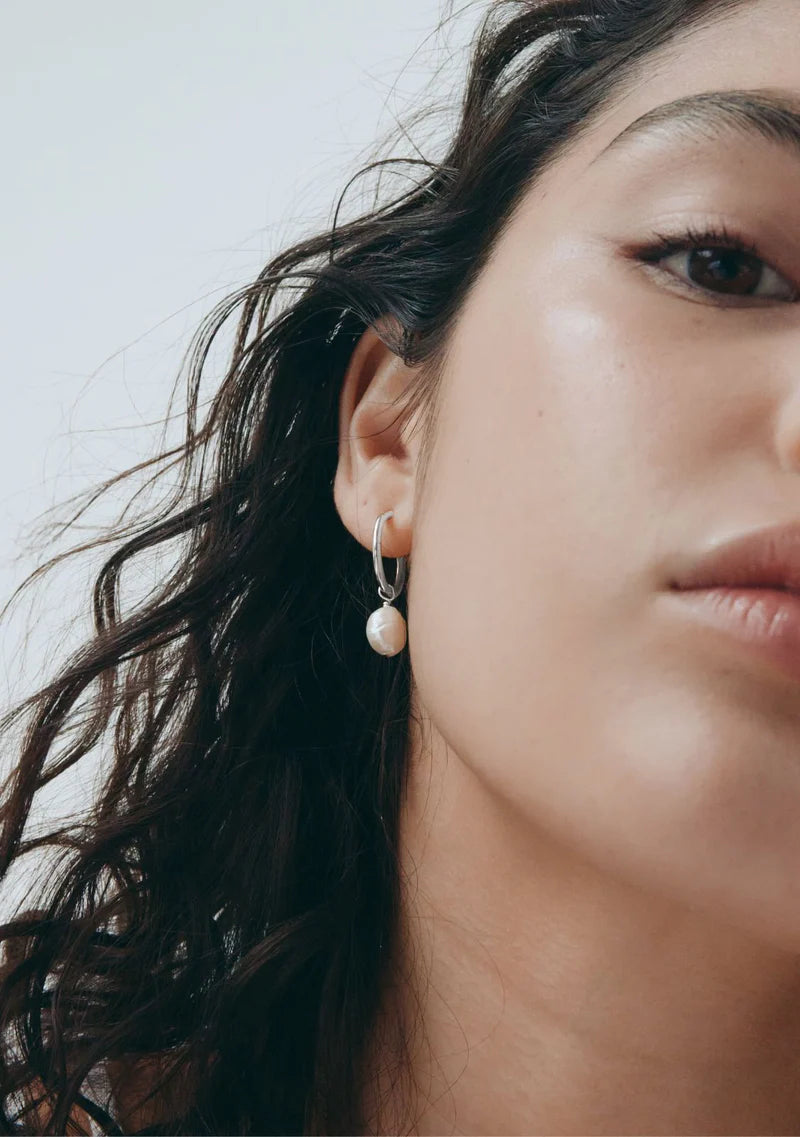 Mini Keshi Pearl Hoops - Silver