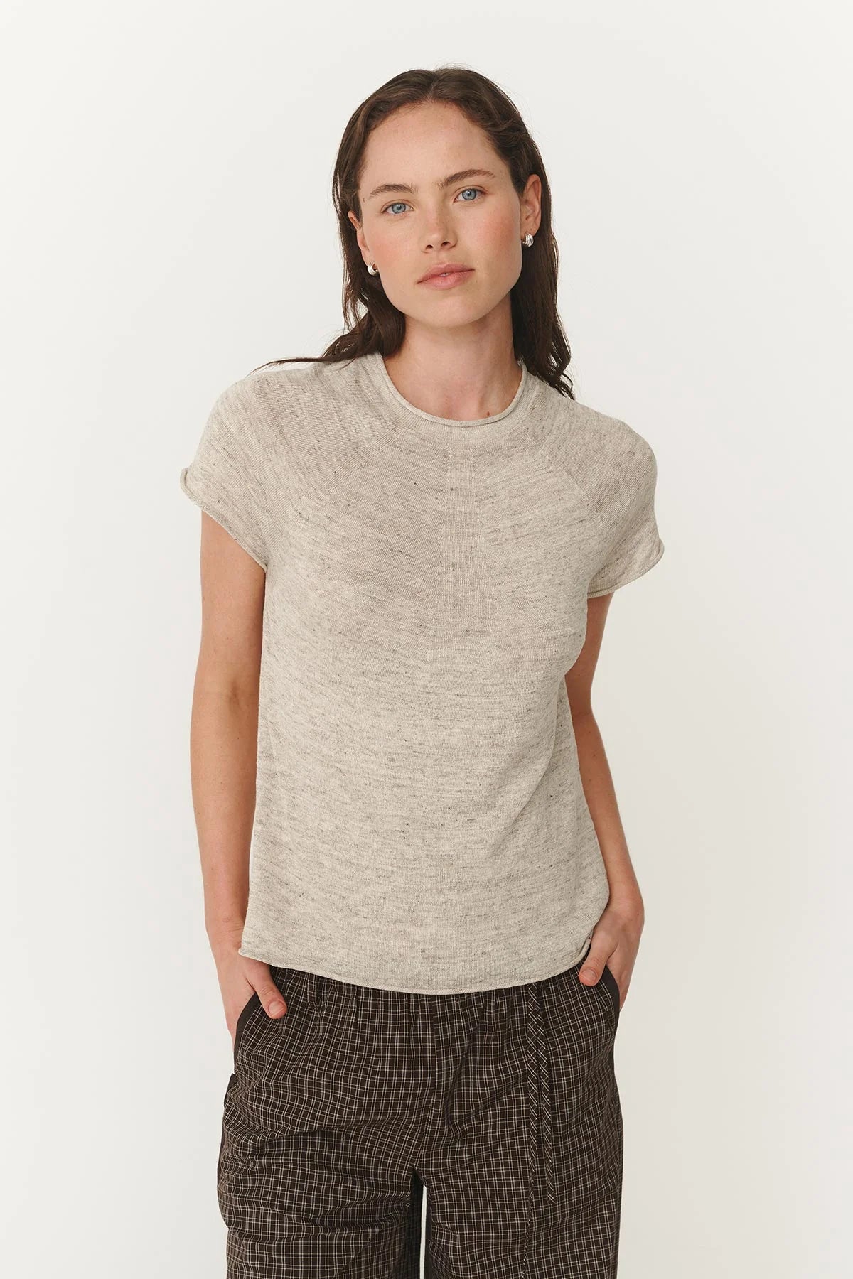 Pre Order Poet Linen Knit Top-Grey Marle